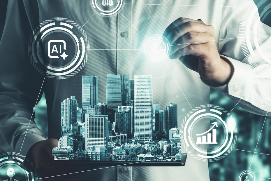 Painel de automação da manutenção predial monitorando sistemas de climatização e iluminação em tempo real.